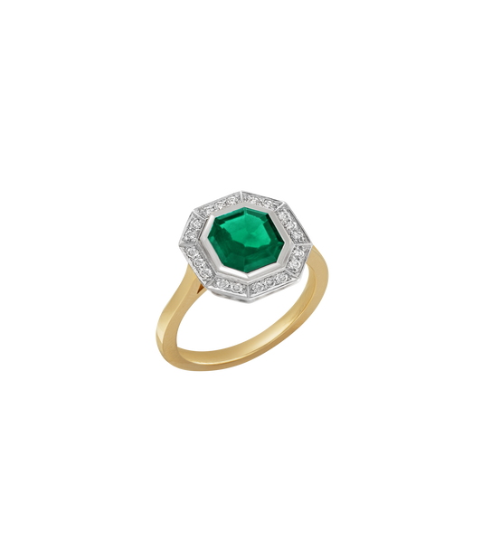 14ct Yellow Gold and Platinum--Emerald and lab grown diamonds--Decide Ring Size Later, 14ct Yellow Gold and Platinum--Emerald and lab grown diamonds--Know The Ring Size, 