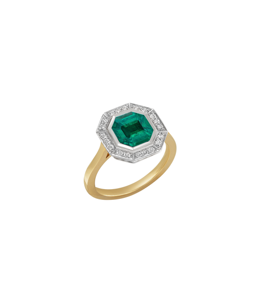14ct Yellow Gold and Platinum--Emerald and lab grown diamonds--Decide Ring Size Later, 14ct Yellow Gold and Platinum--Emerald and lab grown diamonds--Know The Ring Size, 
