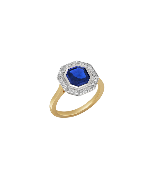 14ct Yellow Gold and Platinum--Sapphire and lab grown diamonds--Decide Ring Size Later, 14ct Yellow Gold and Platinum--Sapphire and lab grown diamonds--Know The Ring Size, 
